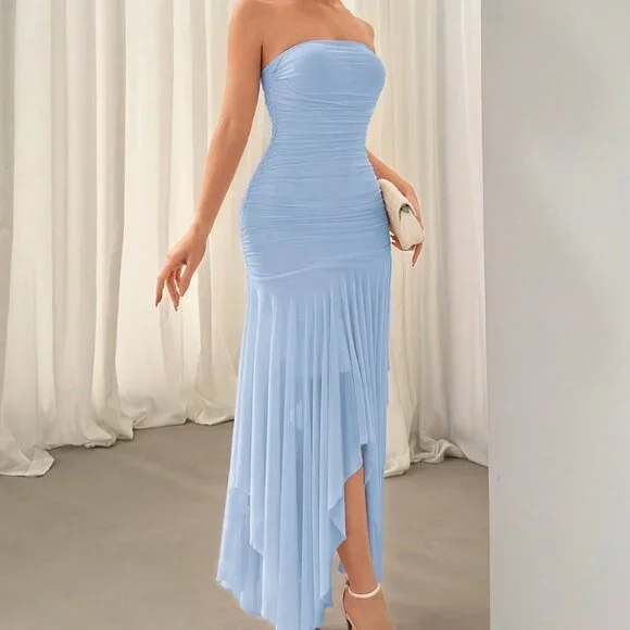 Blue Elegant Women's Irregular Hem Ruffle Trim Date & Wedding Season Dress - Picture 4 of 5